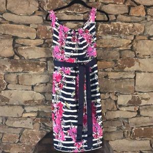Maturity Dress navy strips and flowers